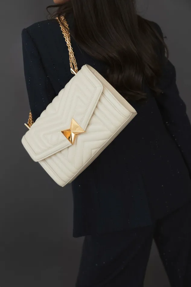 Shoulder Bags Mac Duggal Women Quilted Napa Leather Handbag With Gold Chain 8211 FINAL SALE Ecru