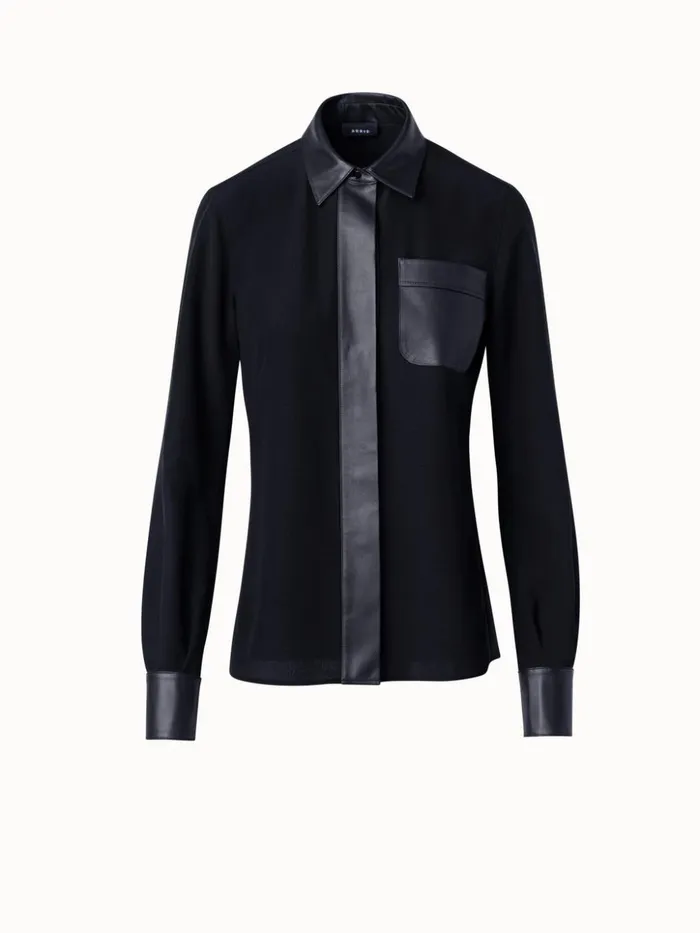Silk Crpe Shirt Blouse With Leather Trims Black Women Akris Blouses