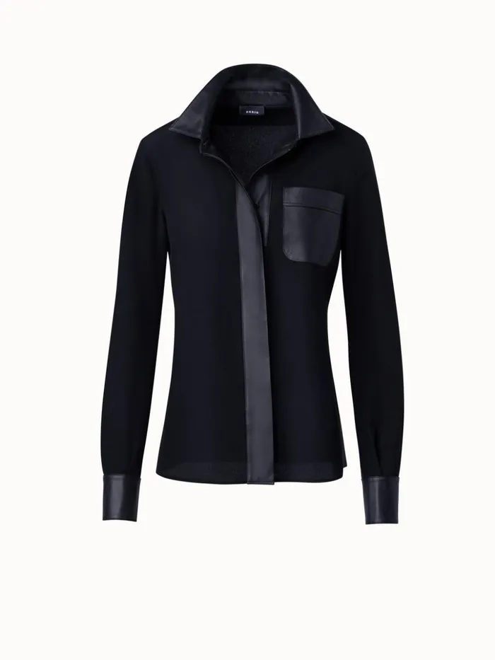 Silk Crpe Shirt Blouse With Leather Trims Black Women Akris Blouses