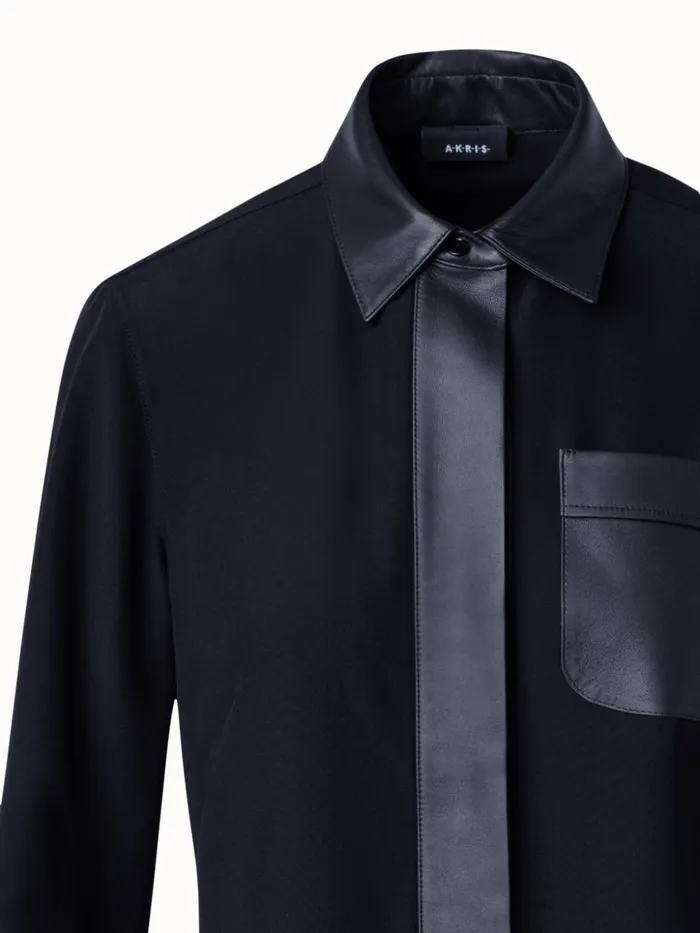Silk Crpe Shirt Blouse With Leather Trims Black Women Akris Blouses
