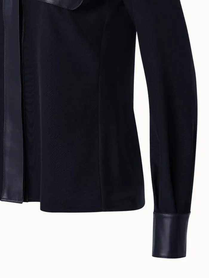 Silk Crpe Shirt Blouse With Leather Trims Black Women Akris Blouses