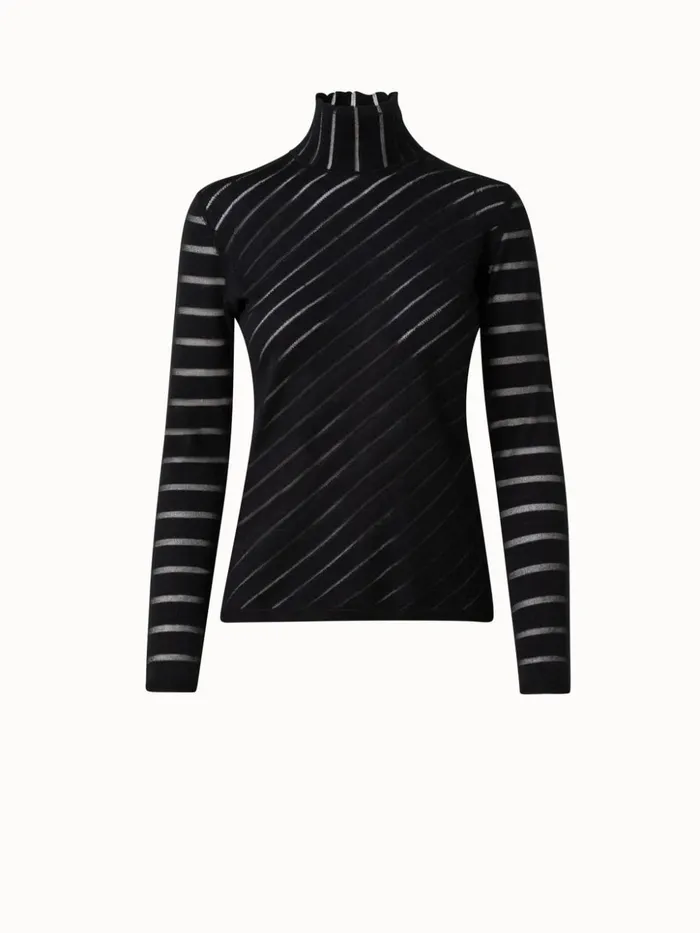 Silk Stretch Knit Pullover With Transparent Diagonal Stripes Black Women Akris Knitwear