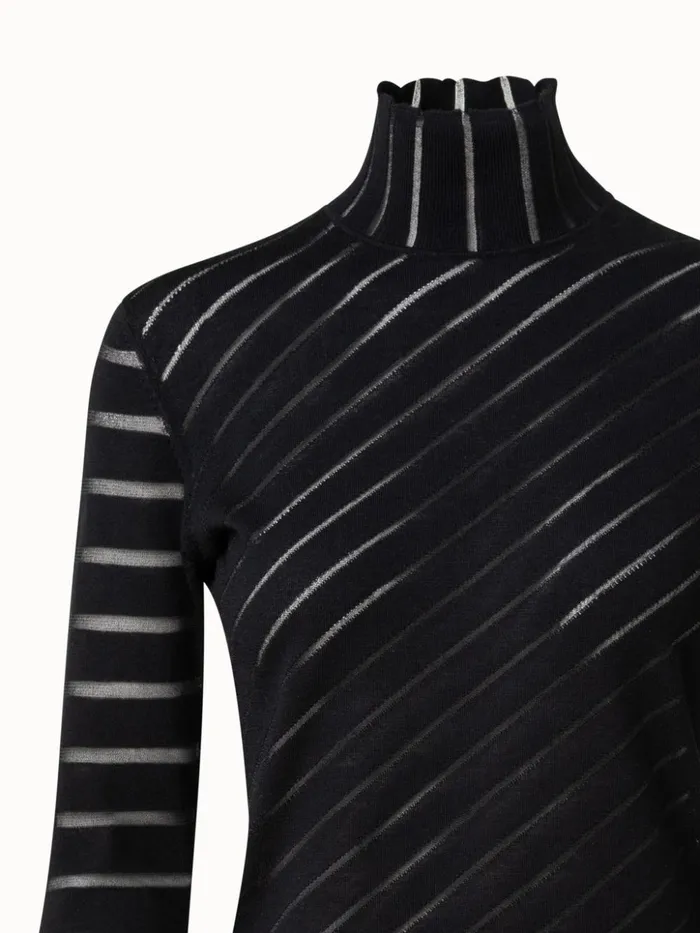 Silk Stretch Knit Pullover With Transparent Diagonal Stripes Black Women Akris Knitwear