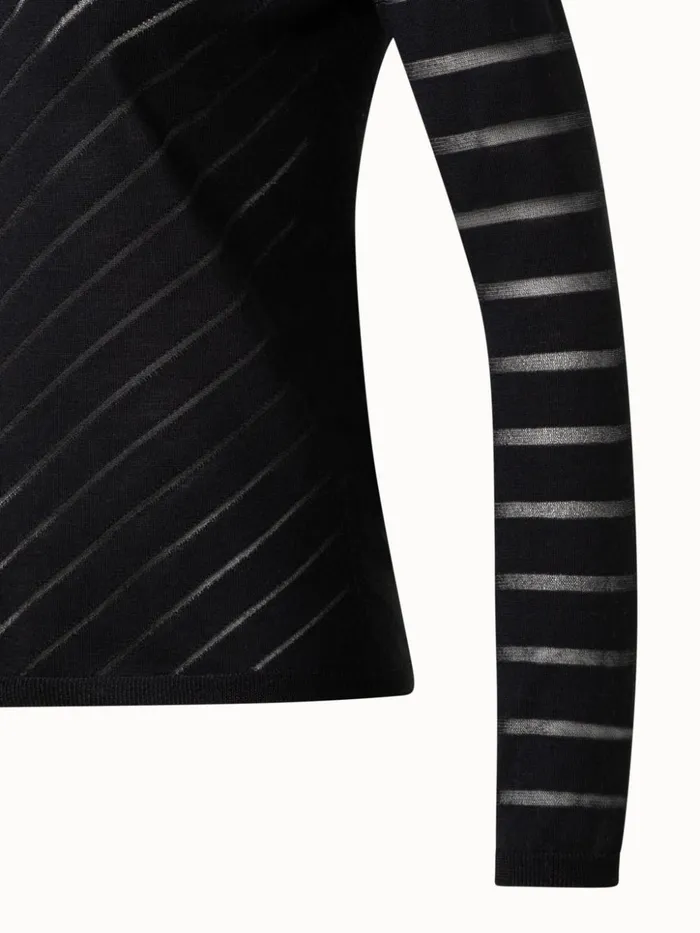 Silk Stretch Knit Pullover With Transparent Diagonal Stripes Black Women Akris Knitwear