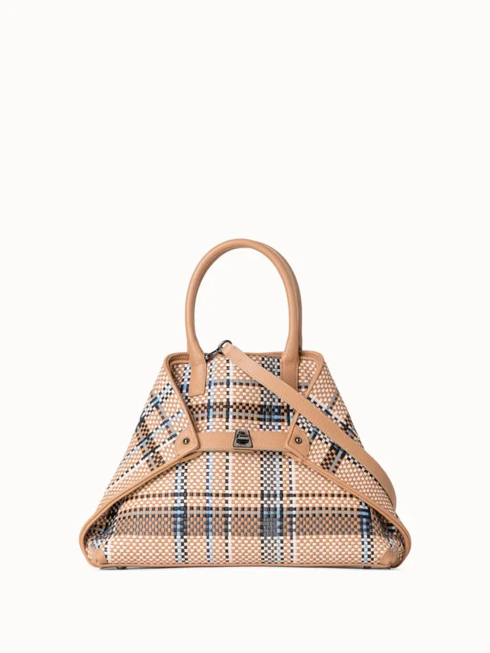 Small Ai Top Handle Bag In Woven Leather Camelpeacock Women Akris Tote Bags