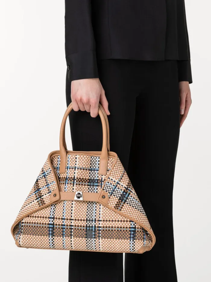 Small Ai Top Handle Bag In Woven Leather Camelpeacock Women Akris Tote Bags