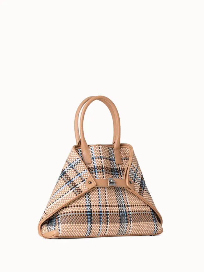 Small Ai Top Handle Bag In Woven Leather Camelpeacock Women Akris Tote Bags