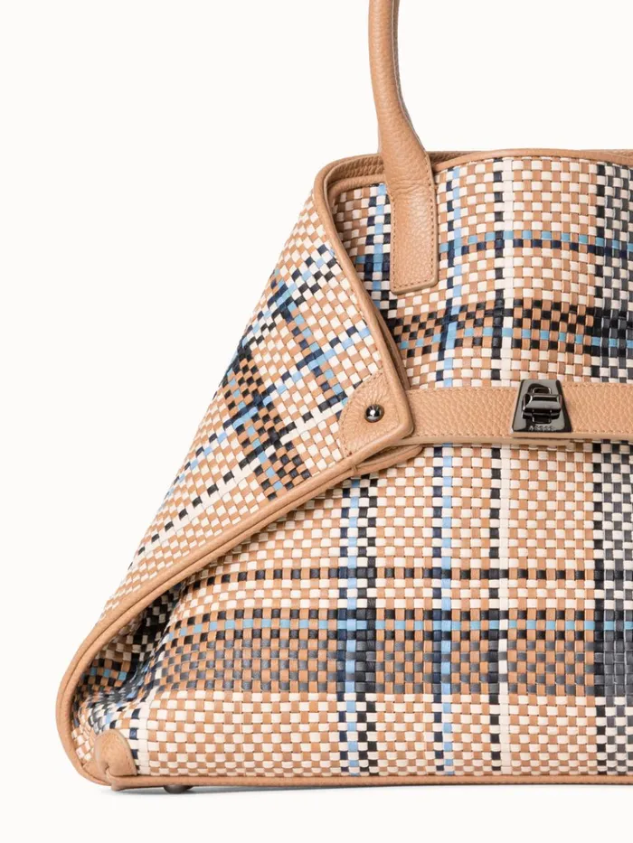Small Ai Top Handle Bag In Woven Leather Camelpeacock Women Akris Tote Bags