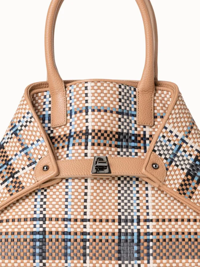 Small Ai Top Handle Bag In Woven Leather Camelpeacock Women Akris Tote Bags