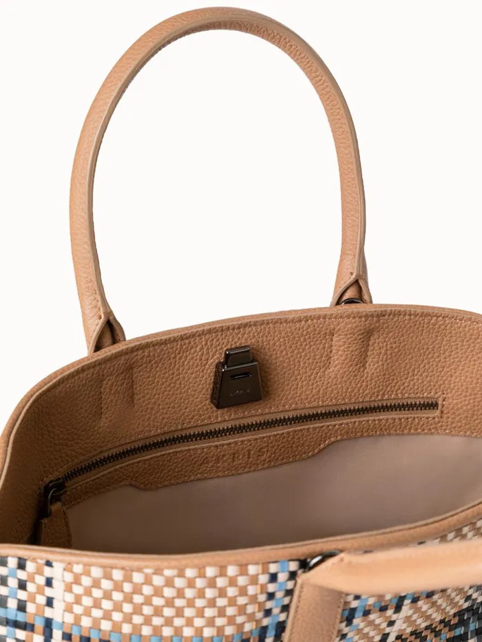 Small Ai Top Handle Bag In Woven Leather Camelpeacock Women Akris Tote Bags