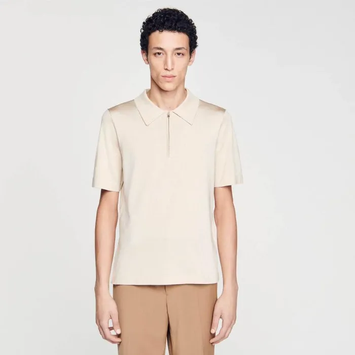 Sweaters and Cardigans Men SANDRO Knitted Polo Shirt With Zip Collar Light Sand