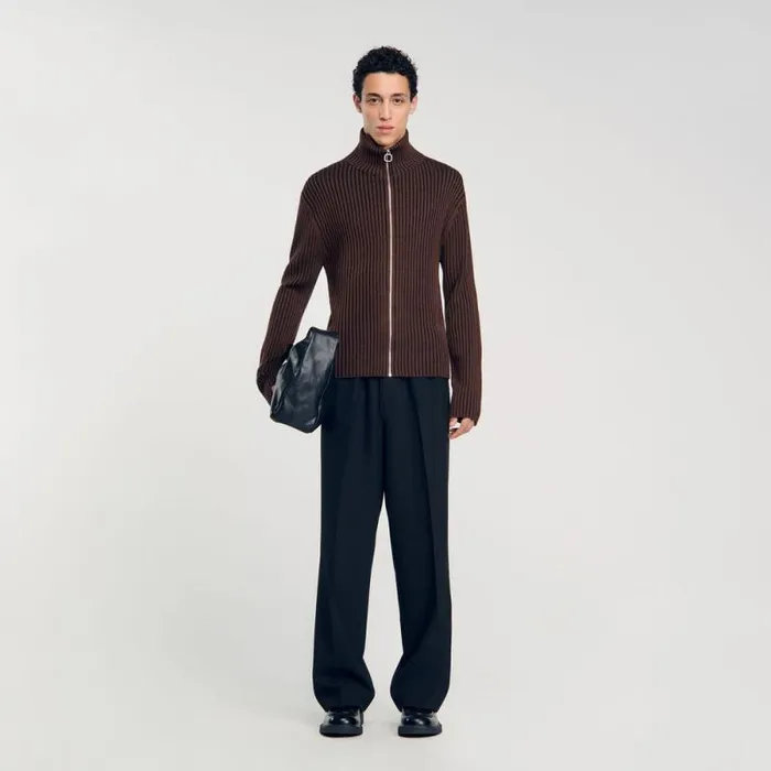Sweaters and Cardigans Men SANDRO Ribbed Cardigan Light Brown