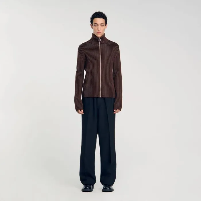 Sweaters and Cardigans Men SANDRO Ribbed Cardigan Light Brown Sweaters and Cardigans Men SANDRO Ribbed Cardigan Light Brown