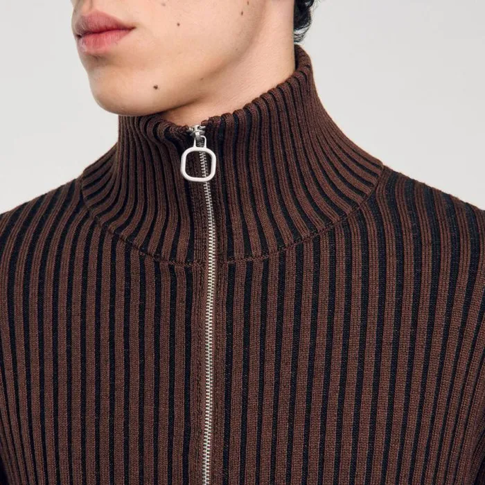 Sweaters and Cardigans Men SANDRO Ribbed Cardigan Light Brown Sweaters and Cardigans Men SANDRO Ribbed Cardigan Light Brown