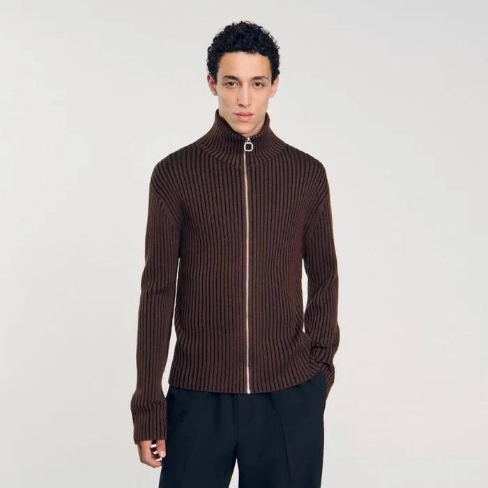 Sweaters and Cardigans Men SANDRO Ribbed Cardigan Light Brown Sweaters and Cardigans Men SANDRO Ribbed Cardigan Light Brown