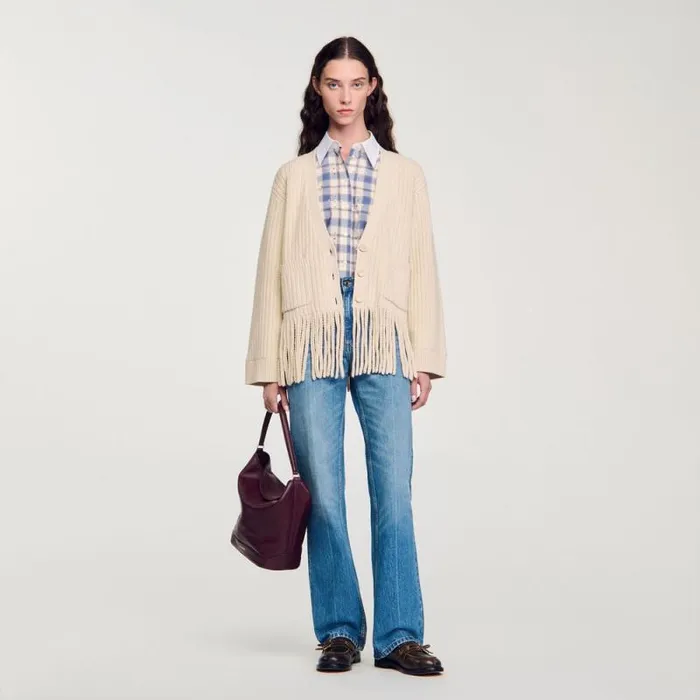 Sweaters and Cardigans Women SANDRO Fringed Knit Cardigan Ecru
