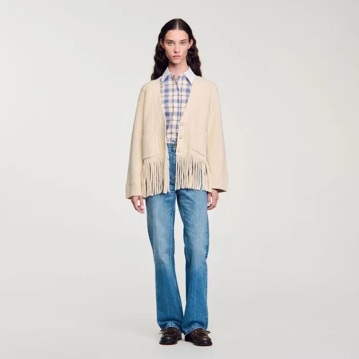 Sweaters and Cardigans Women SANDRO Fringed Knit Cardigan Ecru