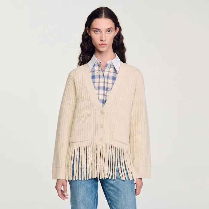 Sweaters and Cardigans Women SANDRO Fringed Knit Cardigan Ecru