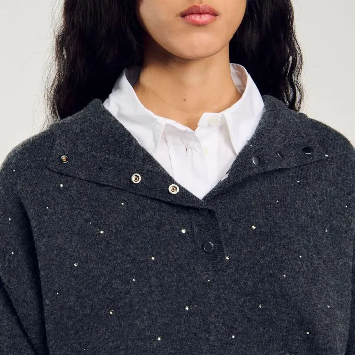 Sweaters and Cardigans Women SANDRO Rhinestone Hooded Sweater Dark Grey