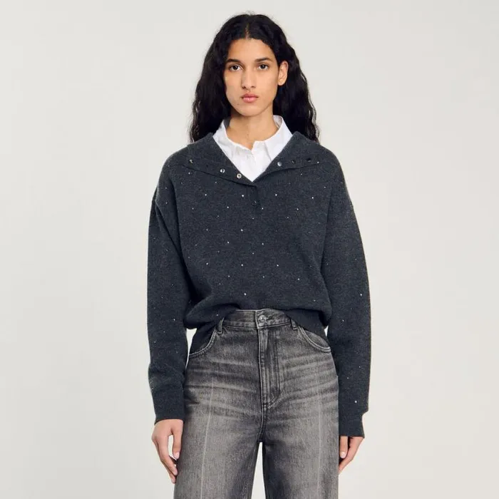 Sweaters and Cardigans Women SANDRO Rhinestone Hooded Sweater Dark Grey