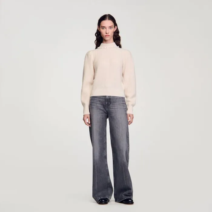 Sweaters and Cardigans Women SANDRO Ribbed Wool And Cashmere Sweater Ecru Sweaters and Cardigans Women SANDRO Ribbed Wool And Cashmere Sweater Ecru