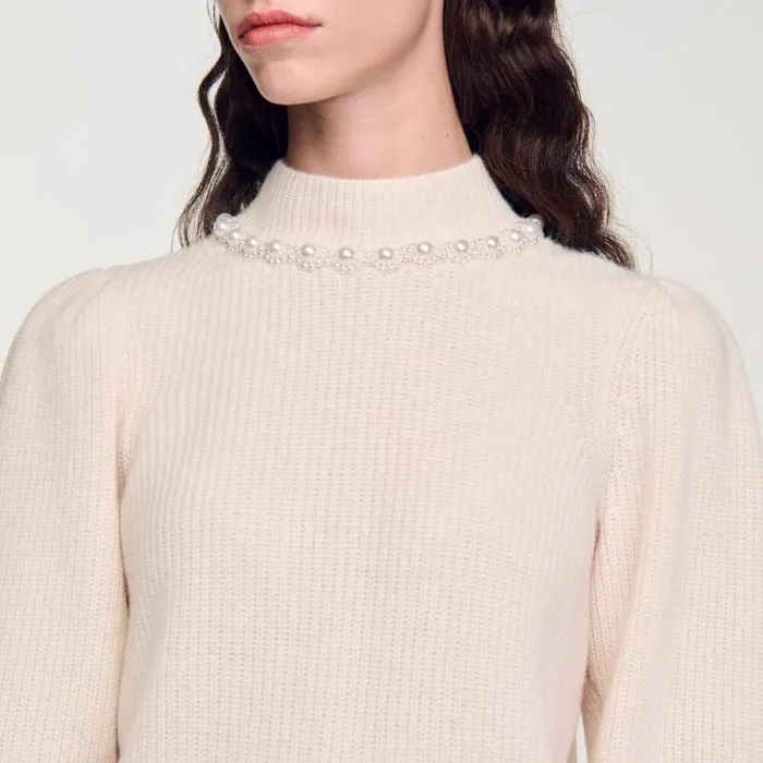 Sweaters and Cardigans Women SANDRO Ribbed Wool And Cashmere Sweater Ecru Sweaters and Cardigans Women SANDRO Ribbed Wool And Cashmere Sweater Ecru