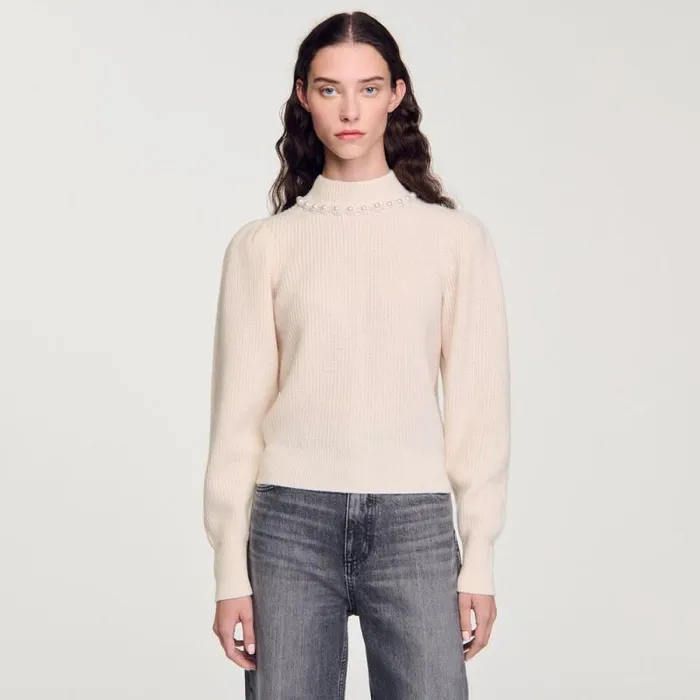Sweaters and Cardigans Women SANDRO Ribbed Wool And Cashmere Sweater Ecru Sweaters and Cardigans Women SANDRO Ribbed Wool And Cashmere Sweater Ecru