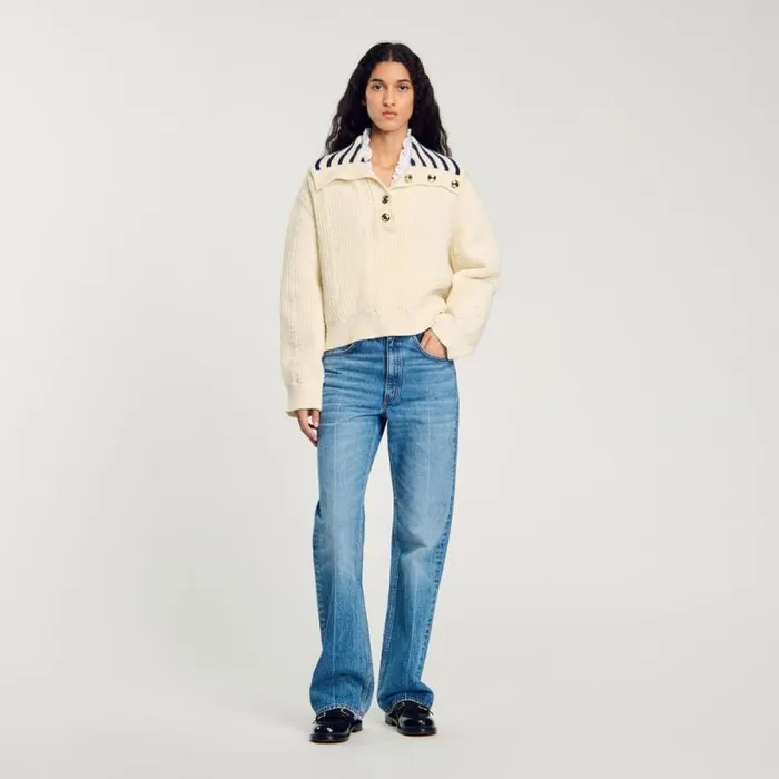 Sweaters and Cardigans Women SANDRO Stripy SailorNeck Sweater Ecru