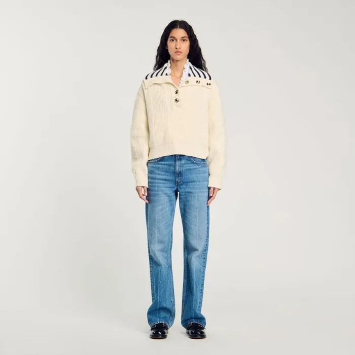 Sweaters and Cardigans Women SANDRO Stripy SailorNeck Sweater Ecru