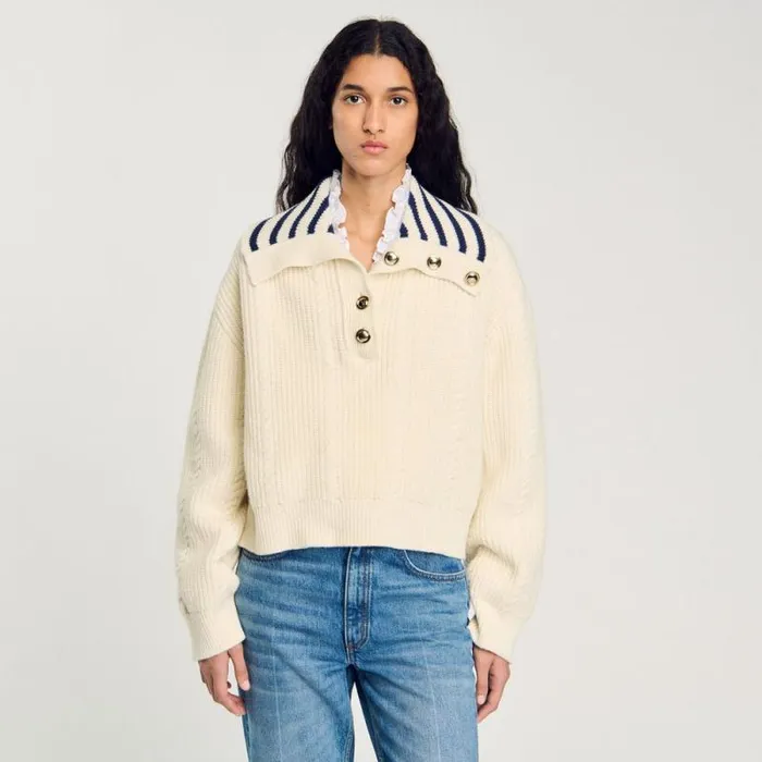 Sweaters and Cardigans Women SANDRO Stripy SailorNeck Sweater Ecru