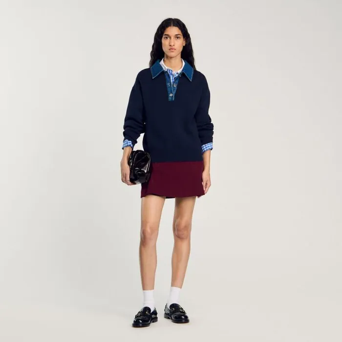 Sweaters and Cardigans Women SANDRO Sweater With Denim Collar Navy Blue