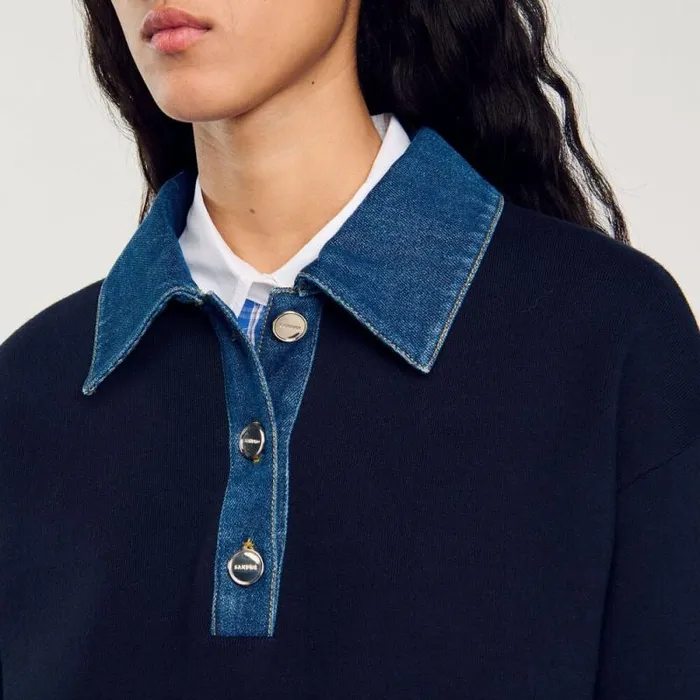 Sweaters and Cardigans Women SANDRO Sweater With Denim Collar Navy Blue