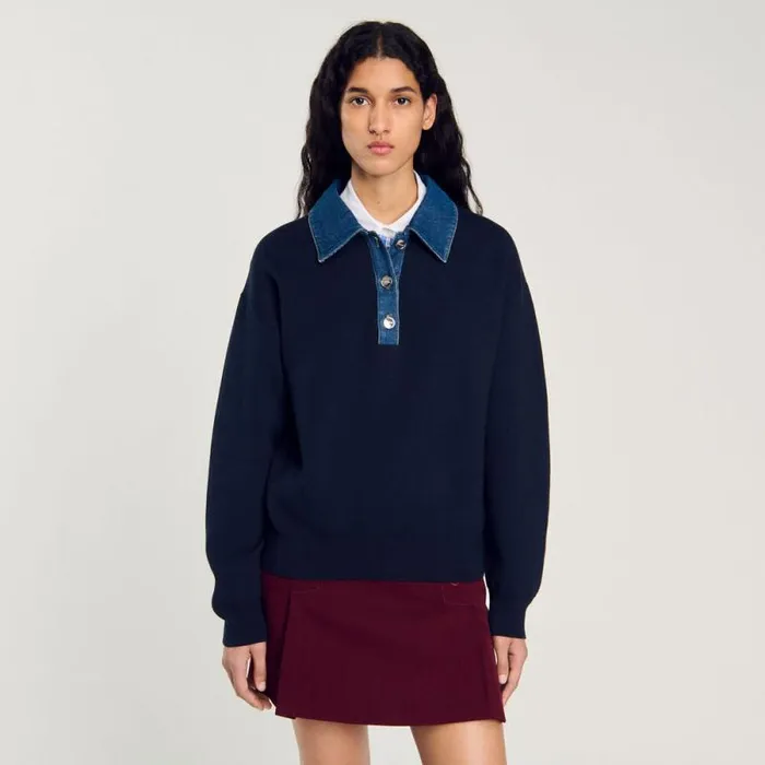 Sweaters and Cardigans Women SANDRO Sweater With Denim Collar Navy Blue
