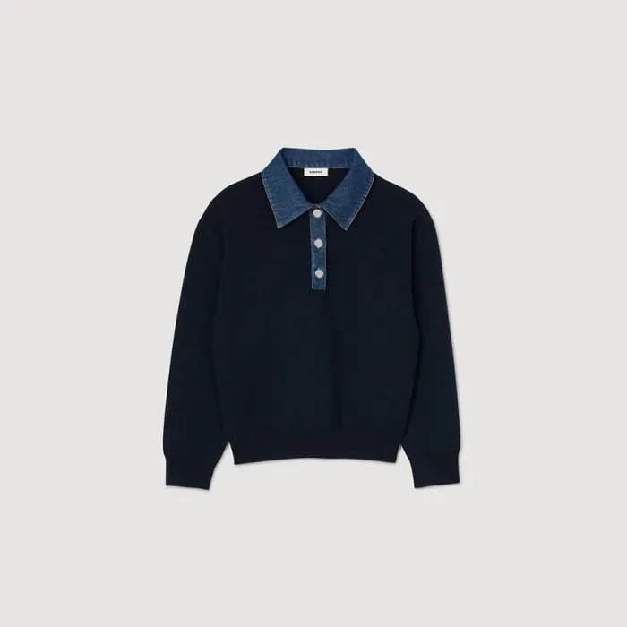 Sweaters and Cardigans Women SANDRO Sweater With Denim Collar Navy Blue