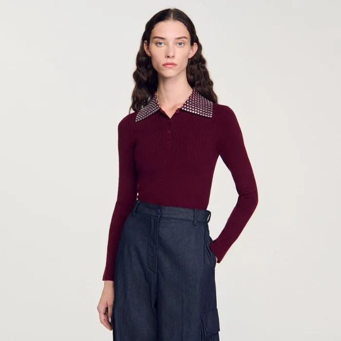 Sweaters and Cardigans Women SANDRO Sweater With Metal Stud Collar Burgundy