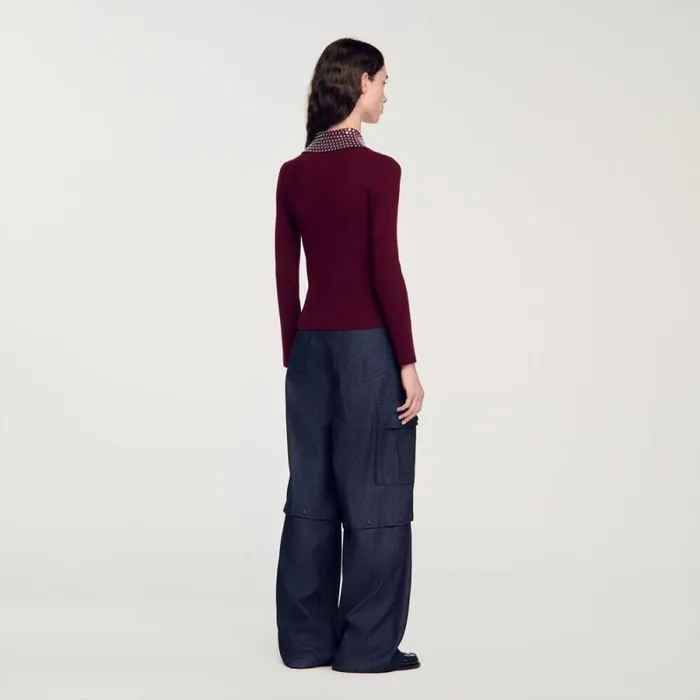 Sweaters and Cardigans Women SANDRO Sweater With Metal Stud Collar Burgundy