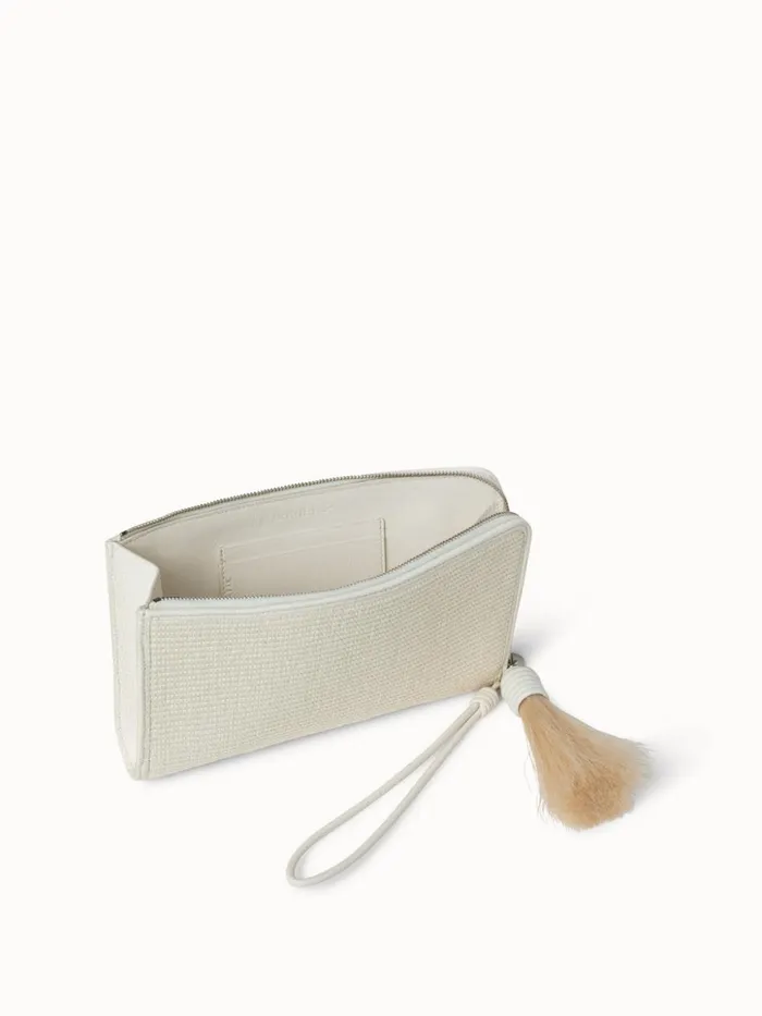 Tassle Pouch In Raffia Fabric Cream Women Akris Clutches