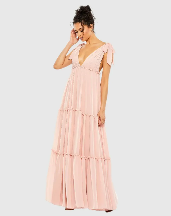 Tiered VNeck Plunging Maxi Dress 8211 FINAL SALE Blush Women Daytime Dresses Mac Duggal