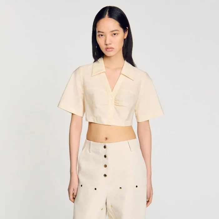 Tops and Shirts Women SANDRO Cropped Gathered Shirt Ecru