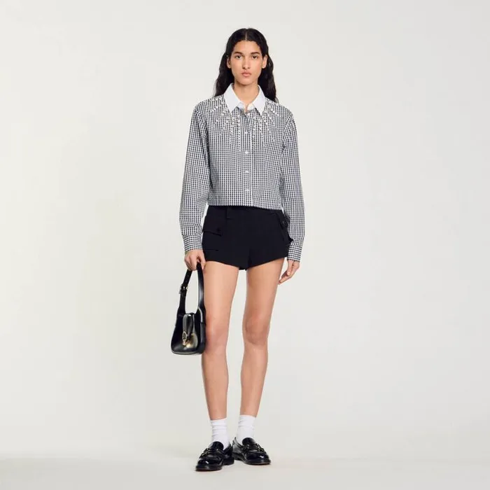 Tops and Shirts Women SANDRO Cropped Shirt With Rhinestone Bib Black