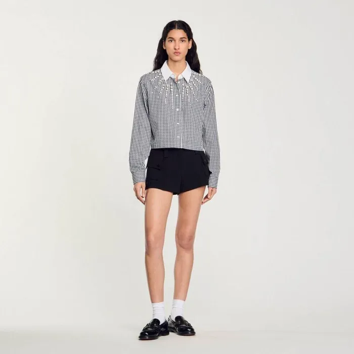 Tops and Shirts Women SANDRO Cropped Shirt With Rhinestone Bib Black