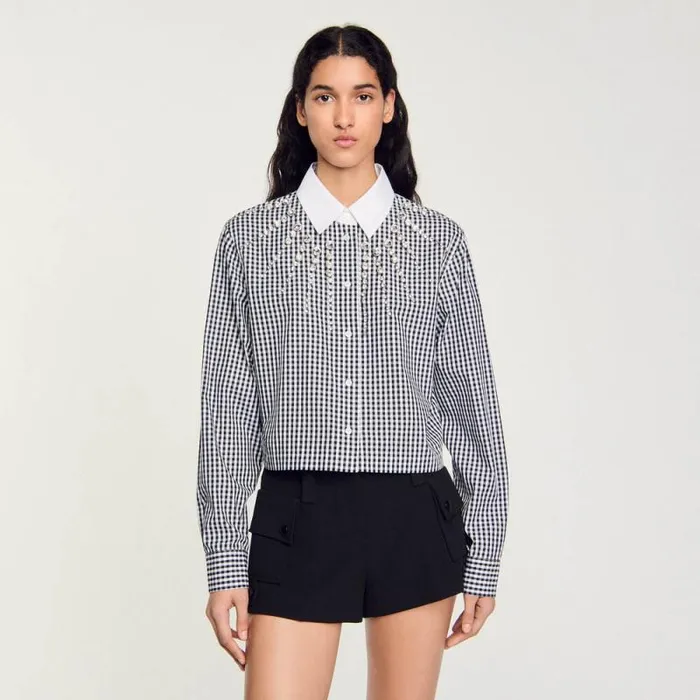 Tops and Shirts Women SANDRO Cropped Shirt With Rhinestone Bib Black