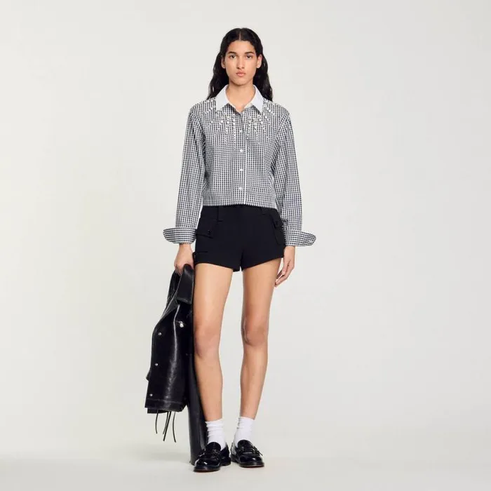 Tops and Shirts Women SANDRO Cropped Shirt With Rhinestone Bib Black