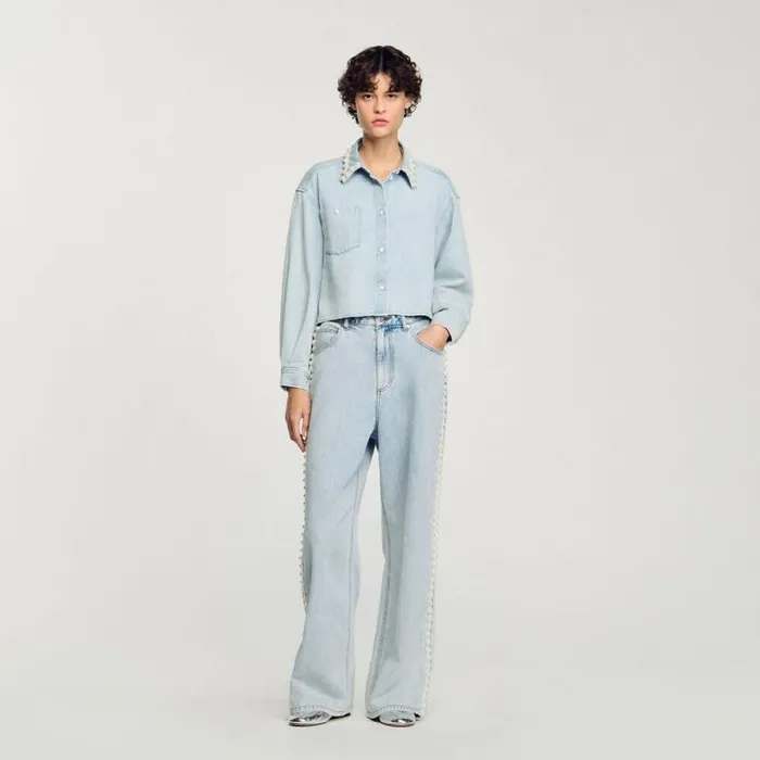Tops and Shirts Women SANDRO Denim Shirt With Beaded Collar Light Bu Jean