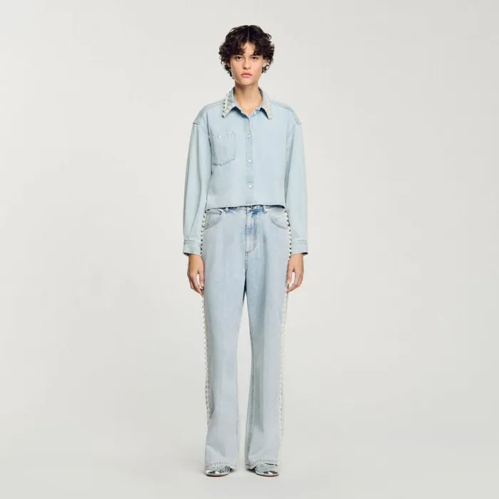 Tops and Shirts Women SANDRO Denim Shirt With Beaded Collar Light Bu Jean