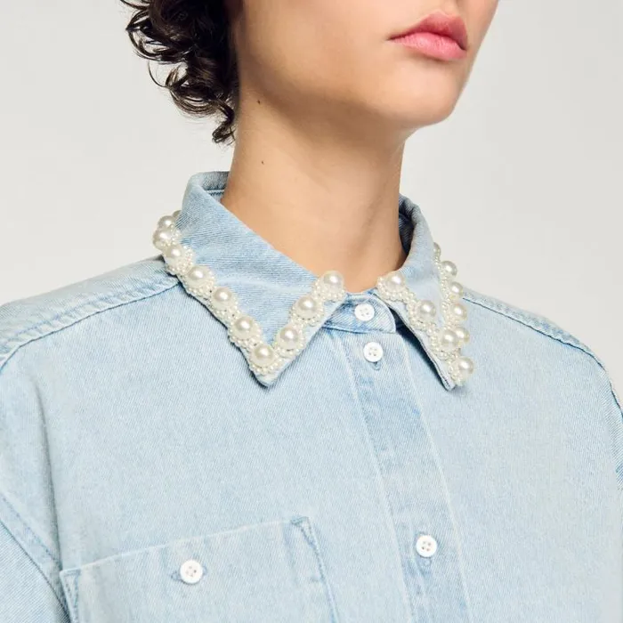 Tops and Shirts Women SANDRO Denim Shirt With Beaded Collar Light Bu Jean