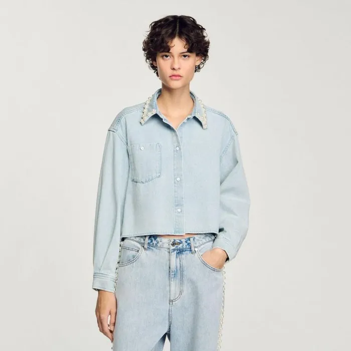 Tops and Shirts Women SANDRO Denim Shirt With Beaded Collar Light Bu Jean