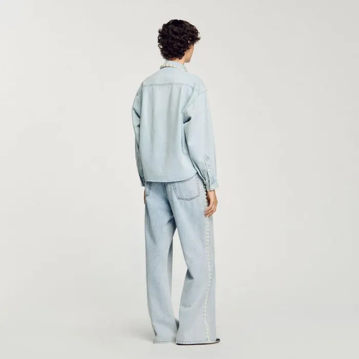 Tops and Shirts Women SANDRO Denim Shirt With Beaded Collar Light Bu Jean
