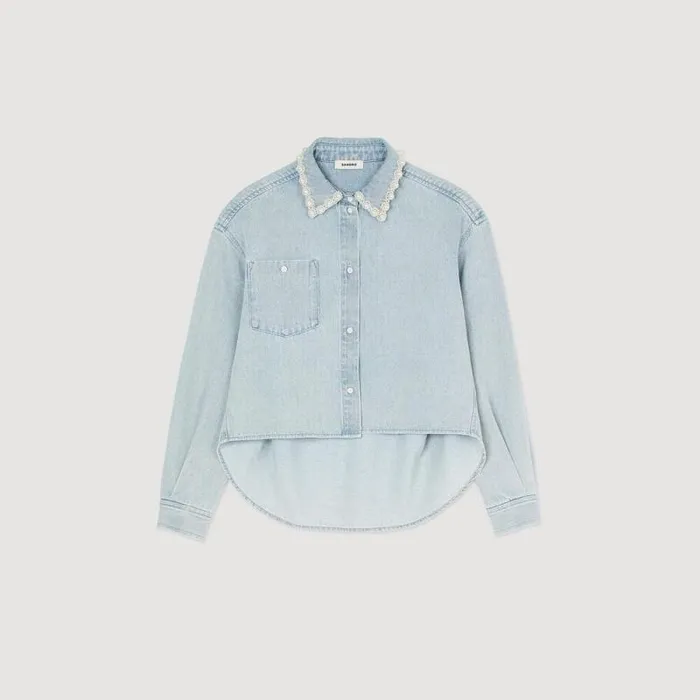 Tops and Shirts Women SANDRO Denim Shirt With Beaded Collar Light Bu Jean