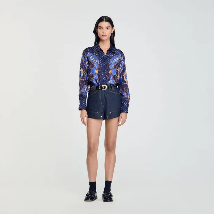 Tops and Shirts Women SANDRO Patterned Silk Shirt Navy Gold